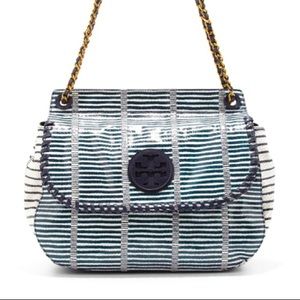 Tory Burch Marion Snake-Print Leather Saddle Bag Purse